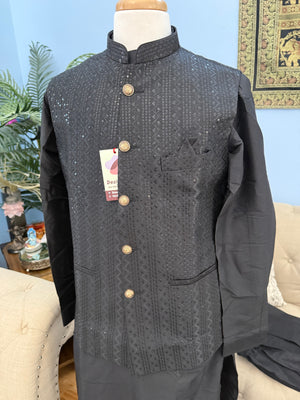 Classic Jet Black 3 Piece Kurta Pajama, Pant Style, with Stylish Embroidered Jacket Set-Silk Design TPKP- 1690