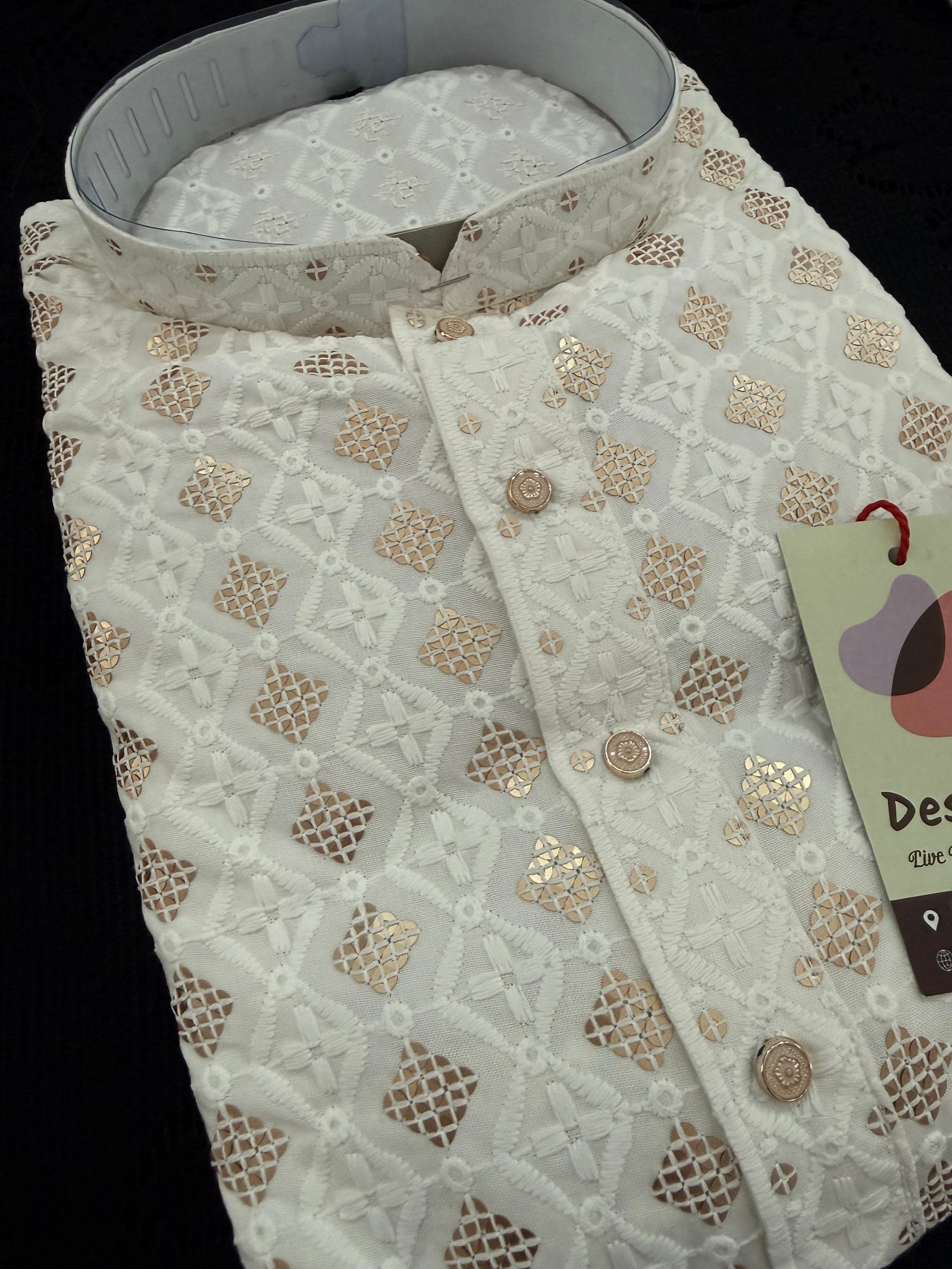 Cream Shade Men's Kurta Pajama set with Embroidery and Sequins. Two-piece Indian traditional outfit., KP - 2027