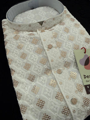 Cream Shade Men's Kurta Pajama set with Embroidery and Sequins. Two-piece Indian traditional outfit., KP - 2027