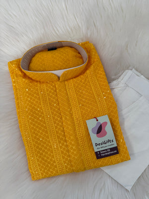 Exquisite Chikankari Sequins 2 Piece Kurta Pajama Set for Man, Yellow Shade, Embroidered Party Man's Wear, KP - 2045