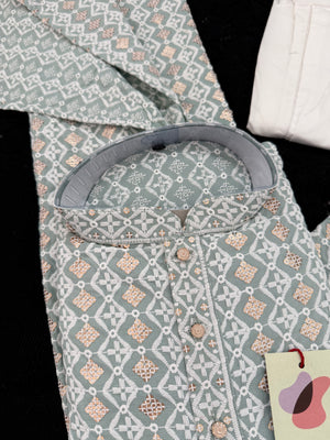 Light Teal Shade Men's Kurta Pajama set with Embroidery and Sequins. Two-piece Indian traditional outfit., KP - 2028