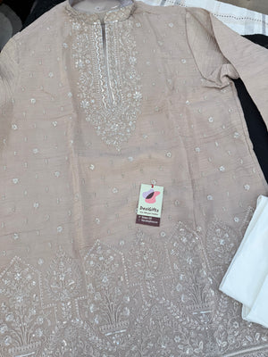 Men’s Dusty Rose-Muted Peach-Pink Embroidered Kurta with with Parallel Pants | Textured Silk Blend Wedding Kurta Pajama Set | Festive Indian Ethnic Wear, KP - 4045