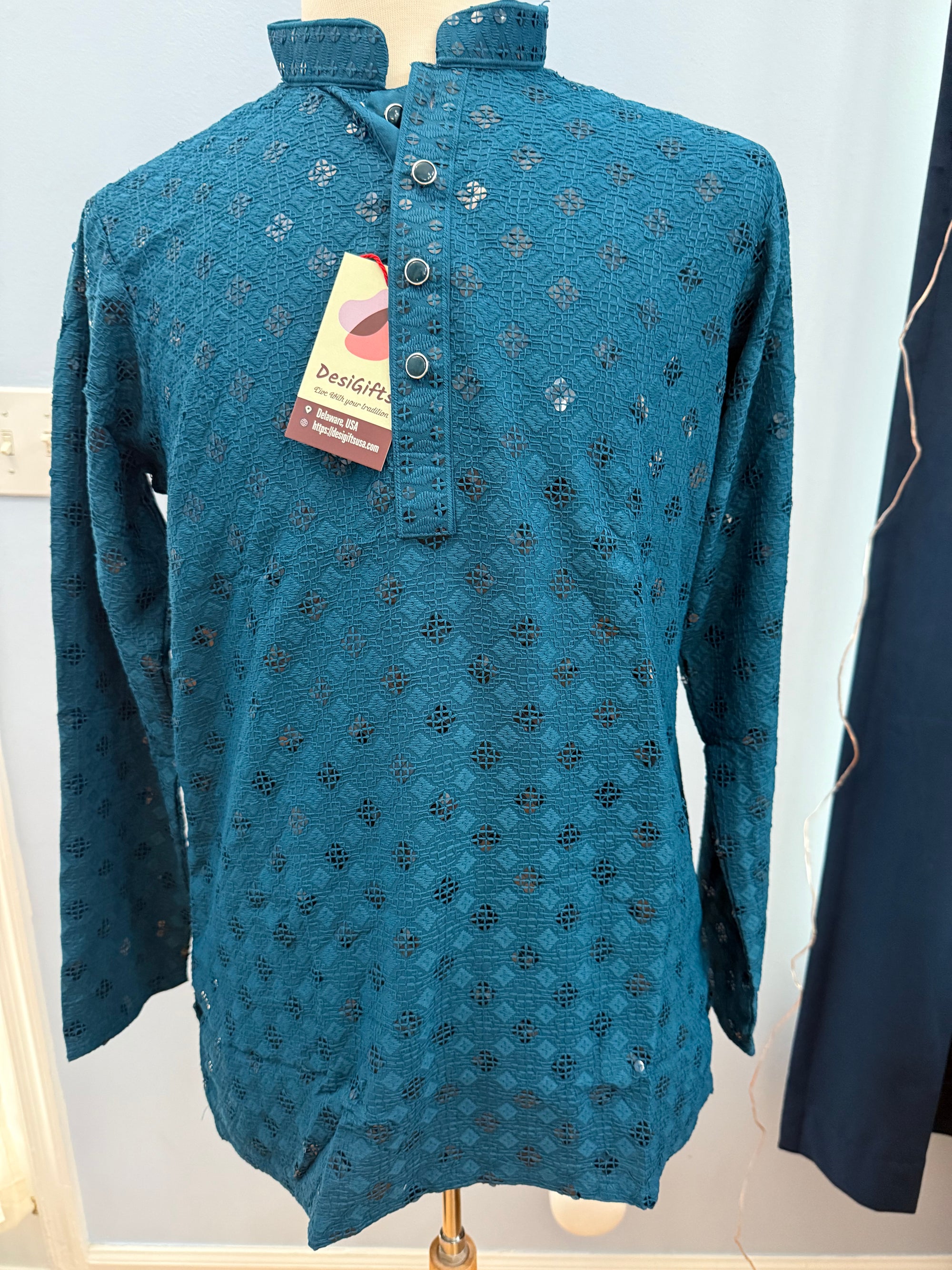 Teal Shade Chikankari Shirt-Style Short Kurta with Sequins – Ethnic Casual Kurta, SK - 1934