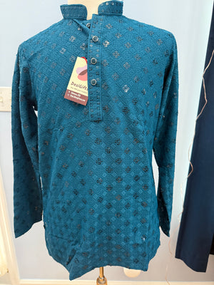 Teal Shade Chikankari Shirt-Style Short Kurta with Sequins – Ethnic Casual Kurta, SK - 1934