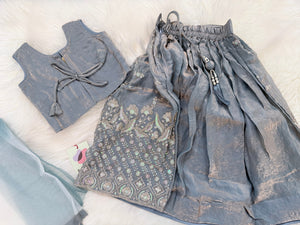 Baby Girls’ Embroidered Lehenga Choli Set in Teal Blue & Slate Gray, Festive Indian Ethnic Outfit Lehenga Dress, GRL-2091