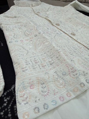 Elegant Men’s 3-Piece Kurta Pajama with Embroidered Sequins Jacket, Ivory Cream Satin Silk Blend Ethnic Wear for Wedding & Festive, KPJ-3062