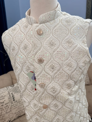 Luxury Cream Bead & Sequin Embroidered Nehru Jacket for Men – Heavy Thread Work Wedding Waistcoat | J-3034