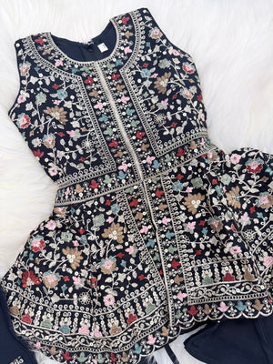 Baby Girls’ Designer Embroidered Palazzo Set in Navy Blue & Wine, Festive Indian Ethnic Palazzo Outfit with Dupatta, Partywear Dress for Kids, GRL-2090