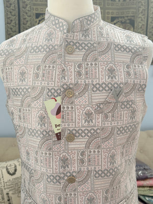 Men’s Light Blush Pink with Gray Woven Design Brocade Nehru Jacket – Indian Wedding Waistcoat, Festive Ethnic Modi Jacket, J-3076