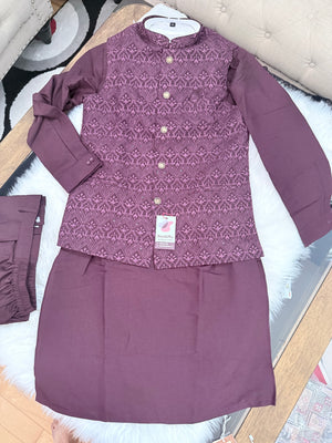 Men’s Wine 3-Piece Kurta Pajama Set with Pant Style Bottom & Embroidered Jacket, Silk Ethnic Wear, TPKP-2030