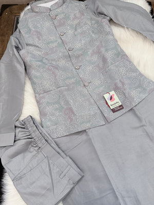 Luxury Everlasting Gray Silk 3-Piece Kurta Pajama with Stylish Jacket, Men’s Festive & Wedding Wear Set, KPJ-2032