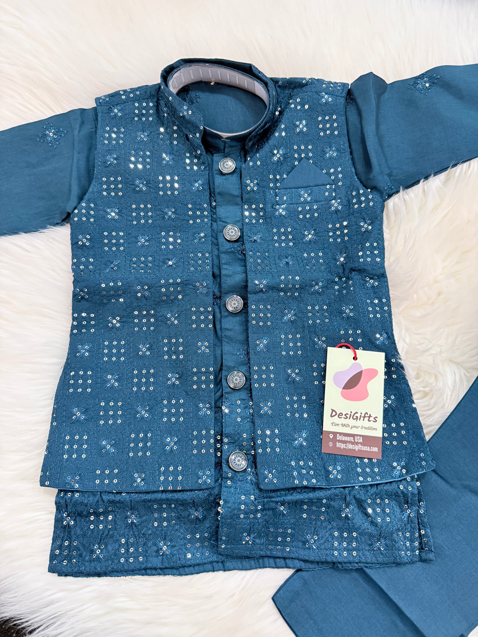 Boys Peacock Blue Sherwani Style Kurta Pajama with Embroidered Jacket | 3-Piece Indian Wedding & Festive Outfit- Design B-4032