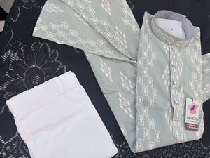Men’s Sage Green Embroidered Kurta Pajama Set | White Thread & Sequin Work | Traditional Indian Wedding & Festive Wear, KPS-4028