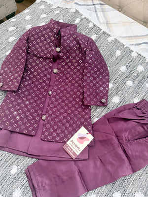 Boy's Purple Shade Cotton Silk 3 Piece Indo Western Outfit,  Embroidered  Sequins Long Jacket with  Pant, Boy's Sherwani Dress - B-3053