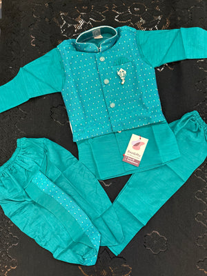 Boys Teal Green Kurta Set with Textured Jacket, Dhoti & Pajama Options – Festive Ethnic Wear,- Design B-2024