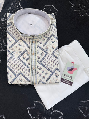 Men’s Kurta Pajama Set – Premium Viscose Rayon with Embroidery, Cream with Blue Geometric Pattern & Sequin Detailing| KPS-3031