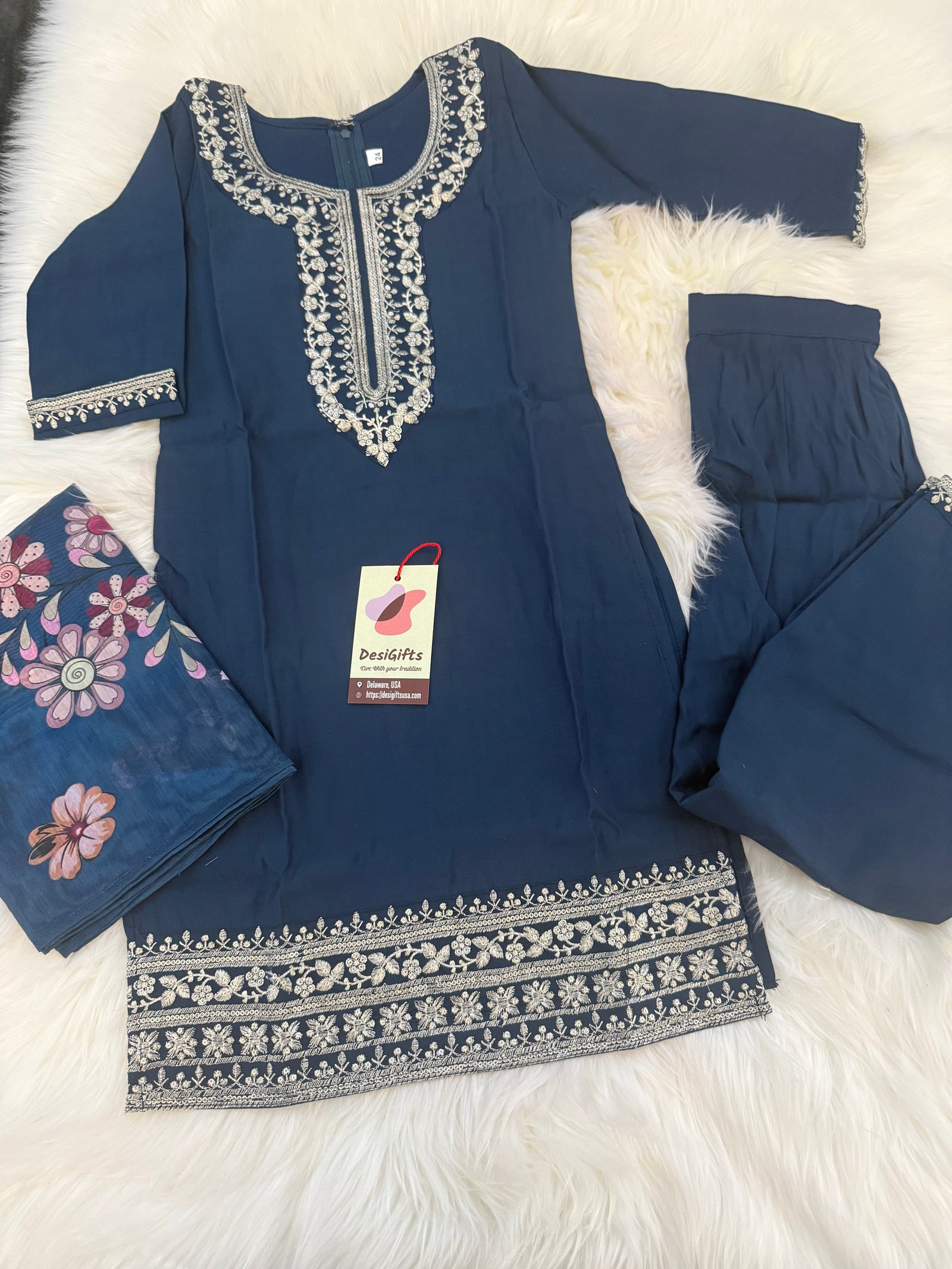Elegant 3 Piece Peacock Blue Shade Kurti Set with Exquisitely Zari Work, Girl's Dress, Design G-1893