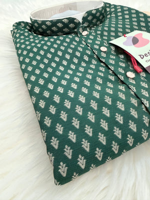 Pine Green with Subtle Gold Motifs Kurta with Beige Trouser, 2 Piece Jacquard Silk Kurta Pajama Set, Man -2047