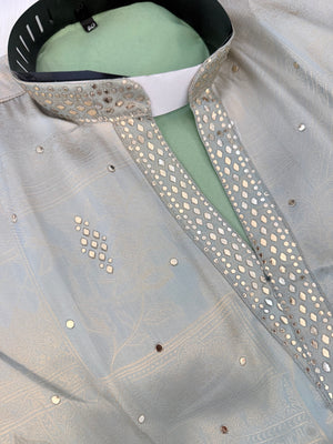 Men’s Mint Green Shorter Kurta with Parallel Pants | Gold Embellished Jacquard Kurta Pajama Set | Indo-Western Wedding & Festive Kurta Set, KP - 4043