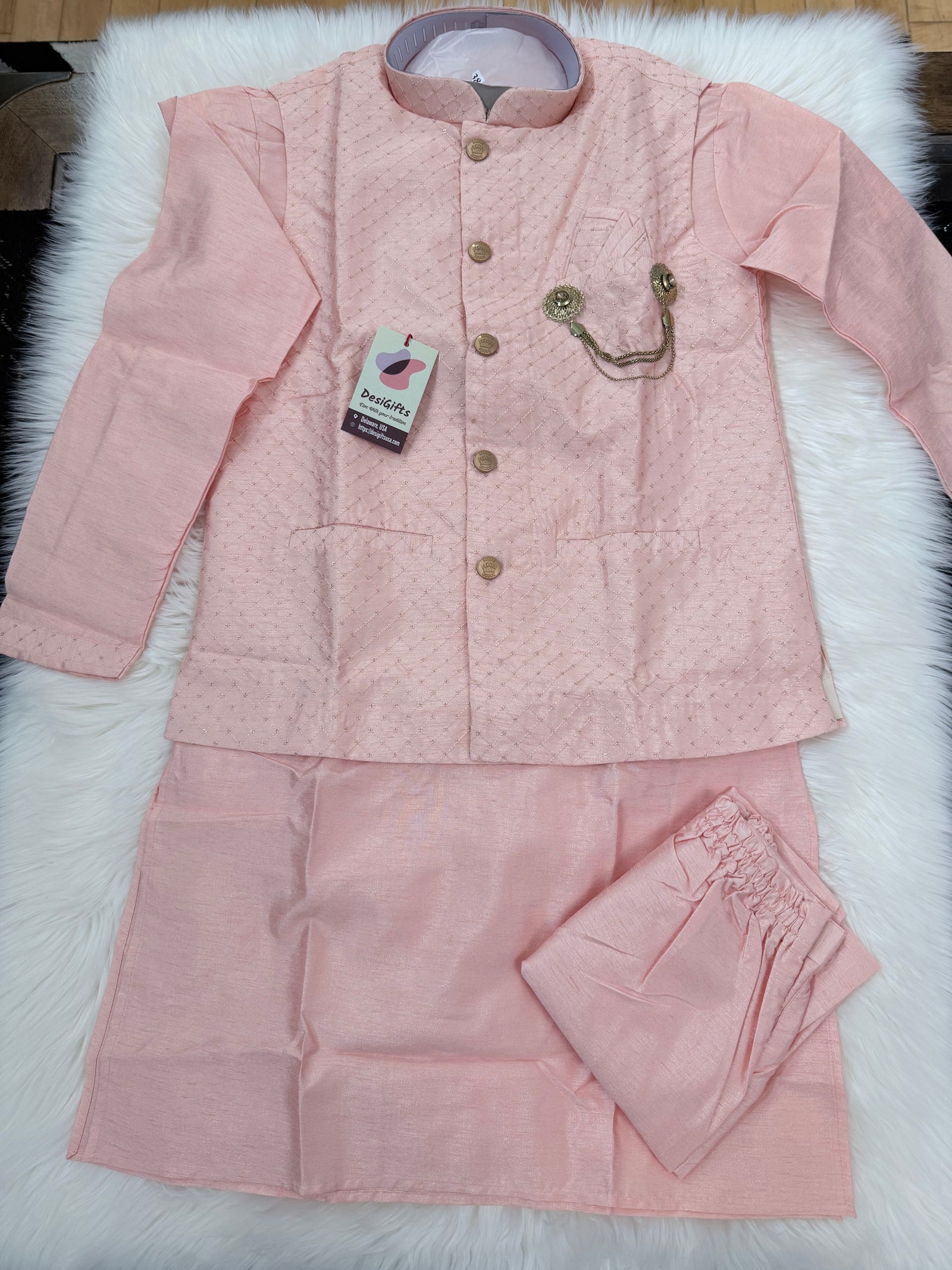 Peach Shade Kurta Pajama with Embroidered Jacket for Men, Indian Weddings, Festivals & Celebrations | Designer Kurta Pajama KPJ-2055