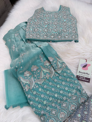 Baby Girls’ Embroidered Lehenga Choli Set in Teal Blue & Slate Gray, Festive Indian Ethnic Outfit Lehenga Dress, GRL-2091