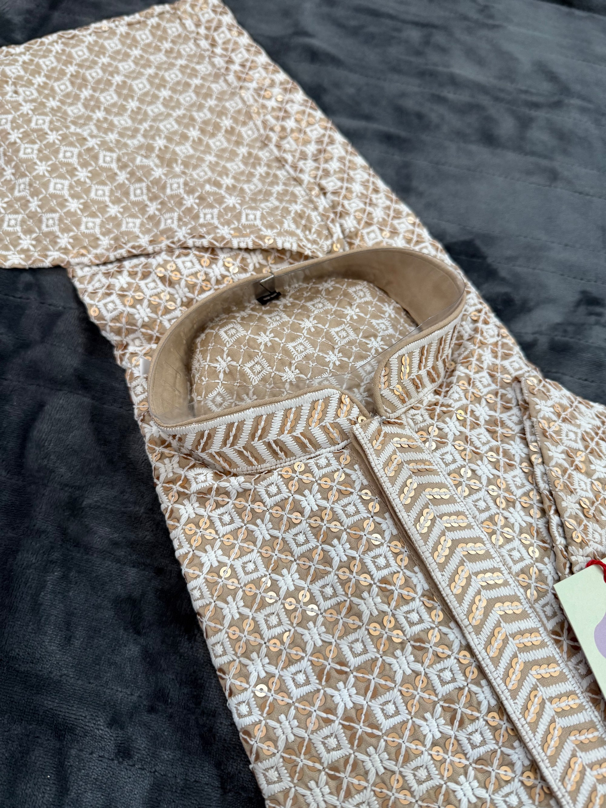 Beige Shade Men's kurta pajama set with embroidery and sequins. Two-piece Indian traditional outfit for special occasions., KP - 1937