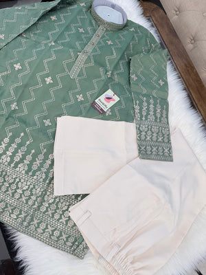 Men’s Sage Green Embroidered Kurta Pajama Set – Shorter Kurta with Ivory slight bootcut-style Pants, Indian Wedding & Festive Ethnic Wear, KP - 4004