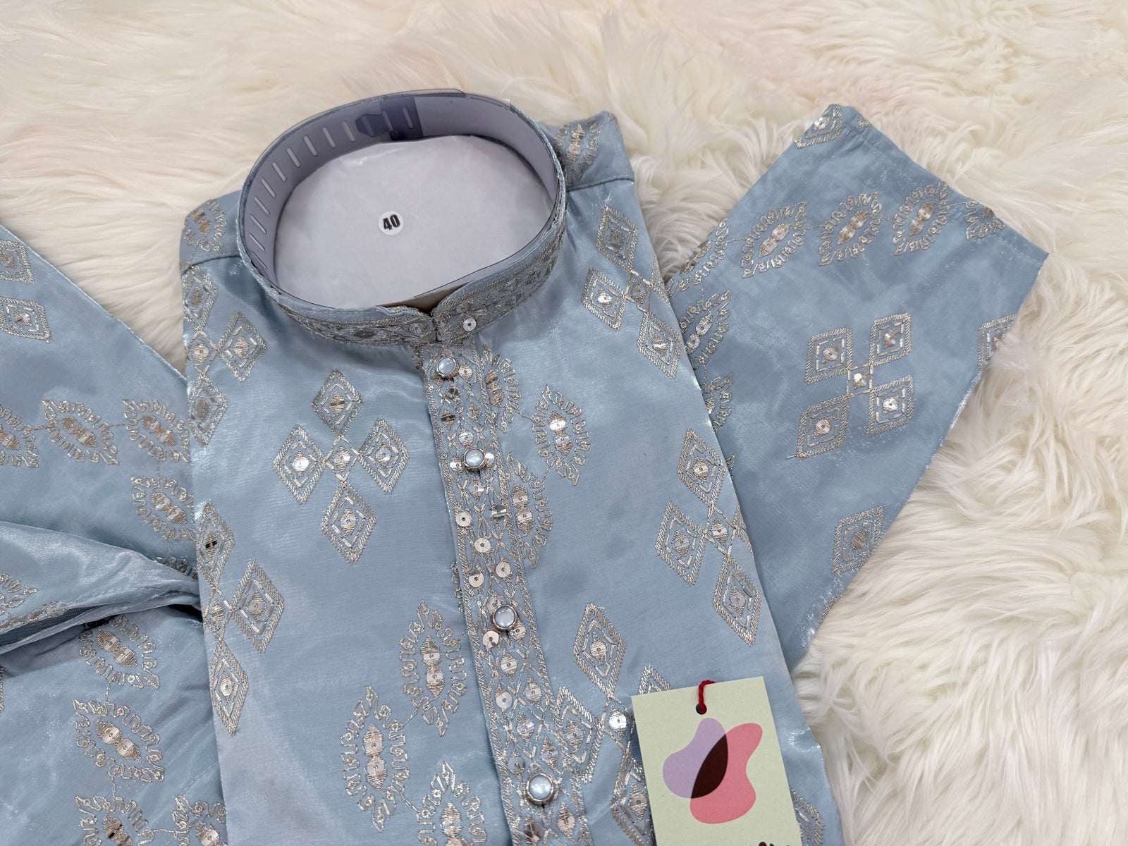 Men’s Soft Sky Blue Embroidered Kurta Pajama Set | Silver Style Thread and Sequin Work | Indian festive Wear, KP-4040