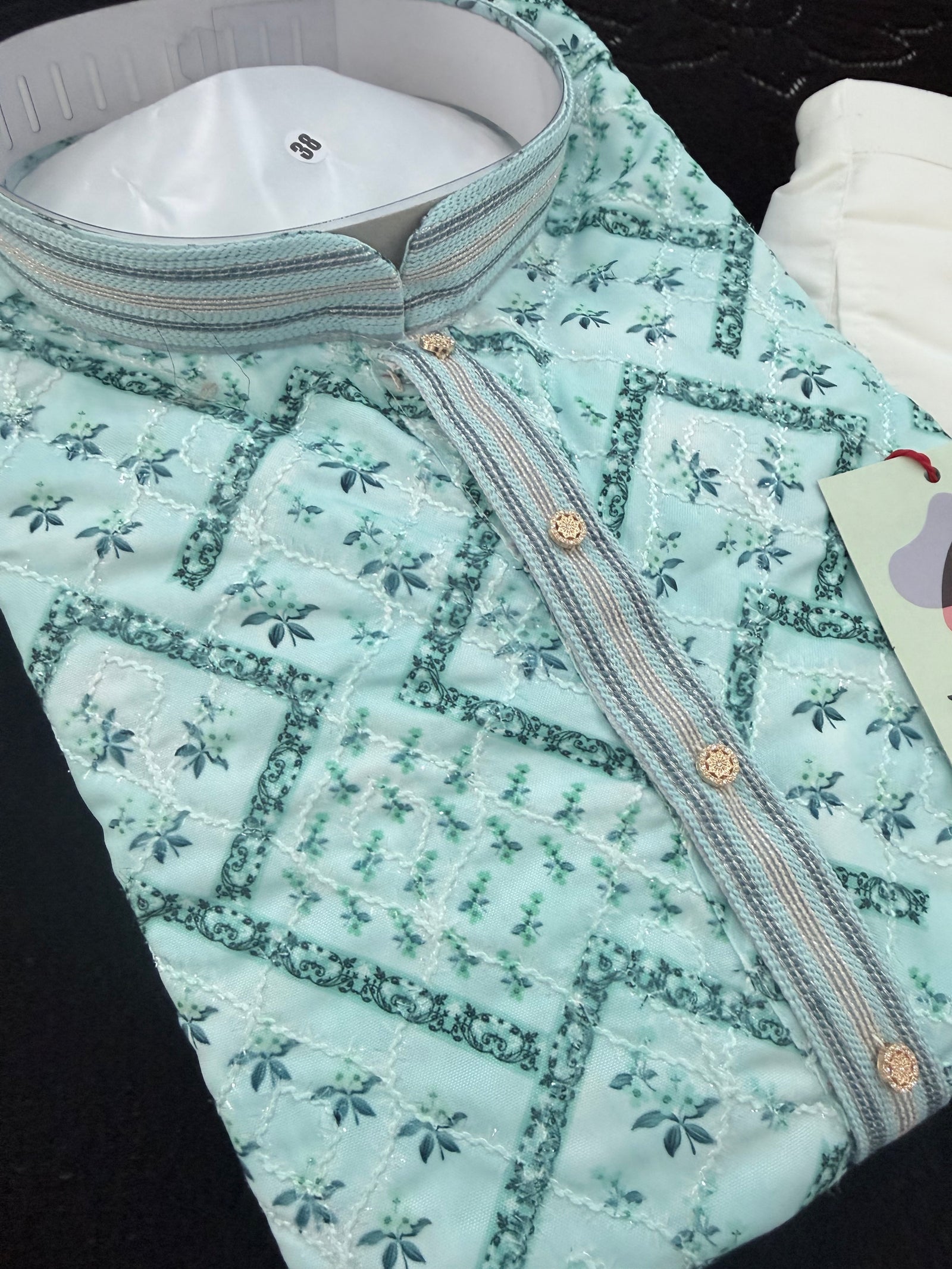 Men’s Aqua Mint Shade Kurta Pajama Set – Premium Viscose Rayon with Embroidery, Geometric Pattern & Sequin Detailing| KPS-3030
