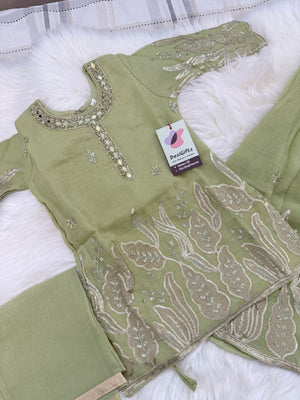 Girls’ Sage Green Kurta Palazzo Set with Sequins Work – Festive Ethnic Wear, GRL-2098