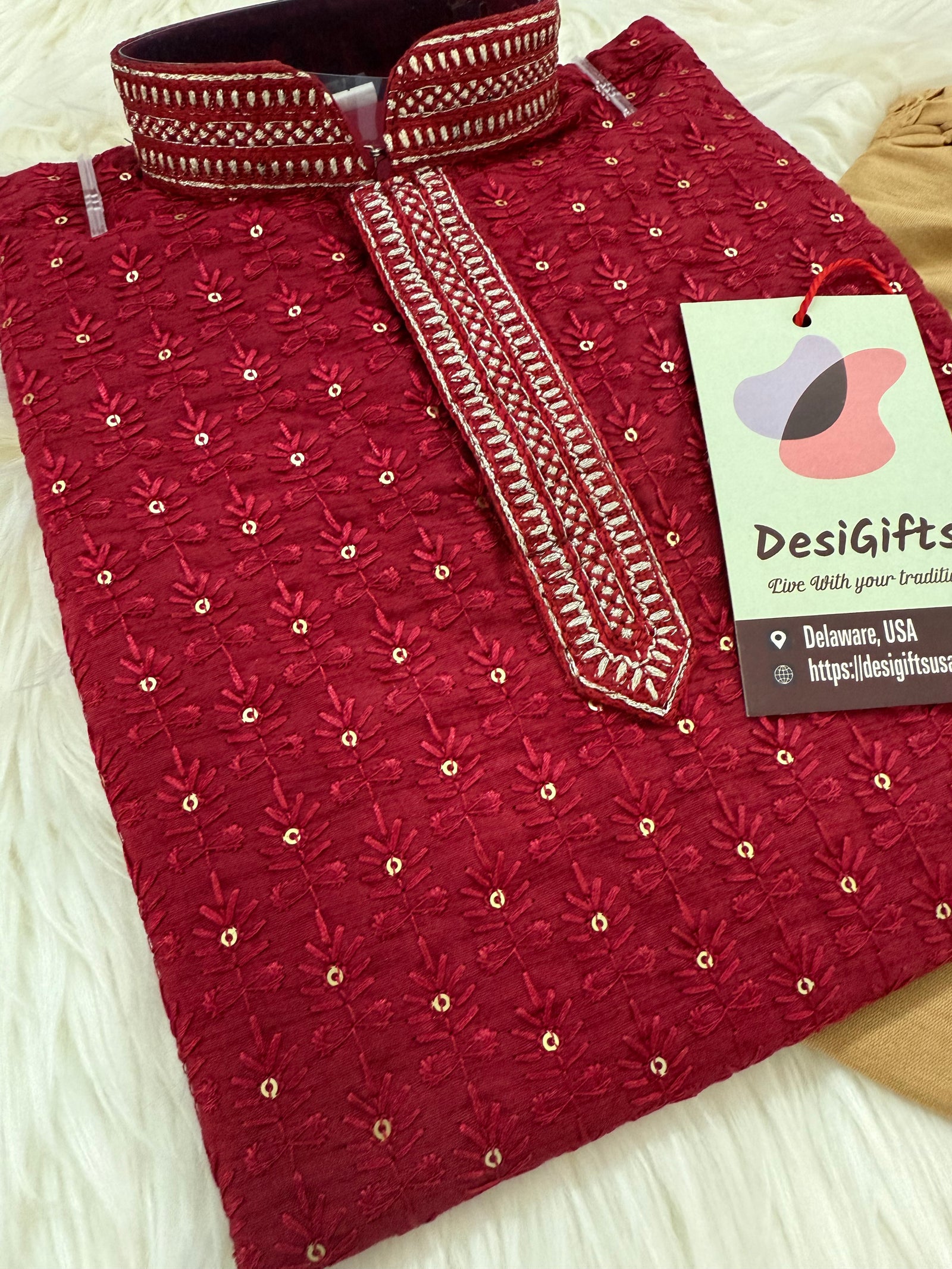 Boy's Maroon Shade Cotton Silk Kurta with Cotton Linen and Pajama Set, Indian Kurta Pajama set for Boys- BOY-1777