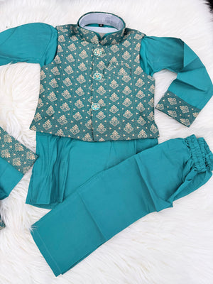 3 Piece Teal Blue Kurta Pajama Set with Jacquard Silk Jacket Set, Silk Blend Fabric with a Slight Sheen, Father & Son's Matching Option, DM - 4082