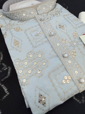 Men’s Ice Blue Embroidered Kurta Pajama Set | Silver Zari-Style, Sequin Work | Indian Wedding Wear, KP-4026