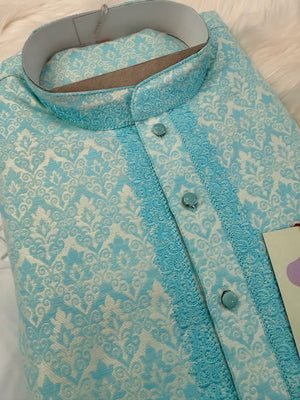 Men's Aqua Blue Kurta Pajama Set | Jacquard silk Kurta Set with Trouser Pant | Traditional Indian Wedding, Diwali & Festive Wear, KP-4084