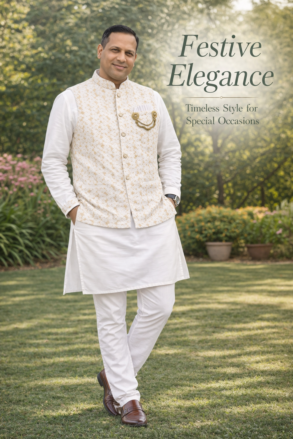 3 Piece Kurta Pajama with Jacket Set, Men's Kurta set with Beige White Embroidered Jacket, Festive & Party Wear, KPJ - 2060