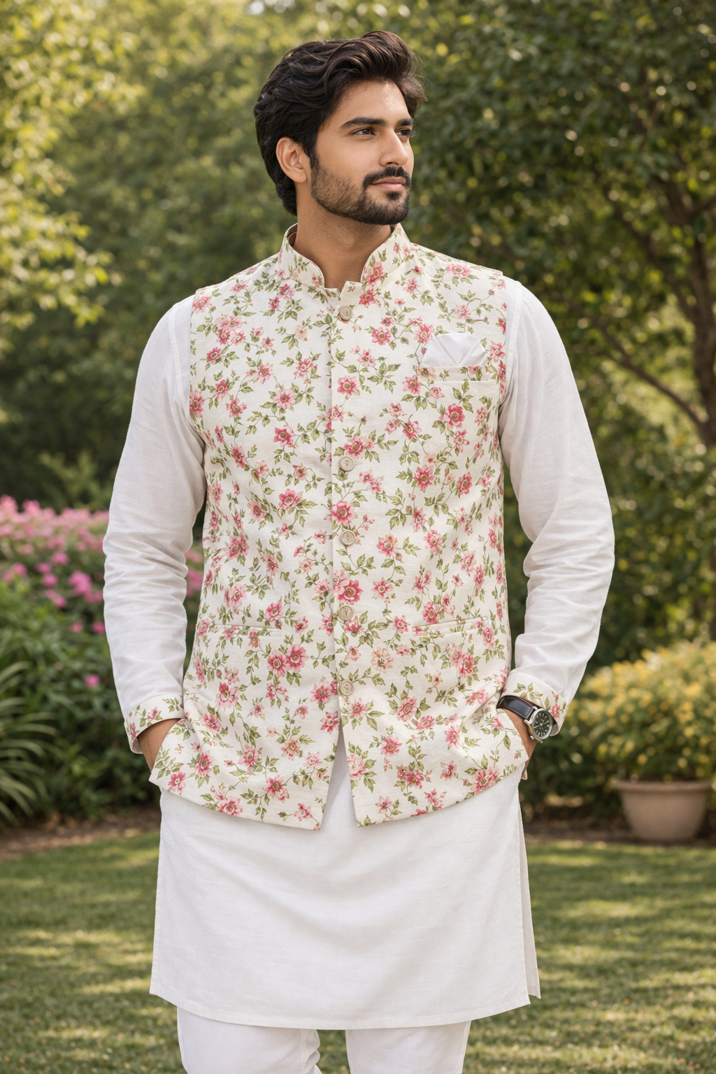 Cream Kurta Pajama with Floral Jacket | Ethnic men's Wear for Indian Weddings & Festivals | Premium Silk 3-Piece Kurta Set| KPJ-2056