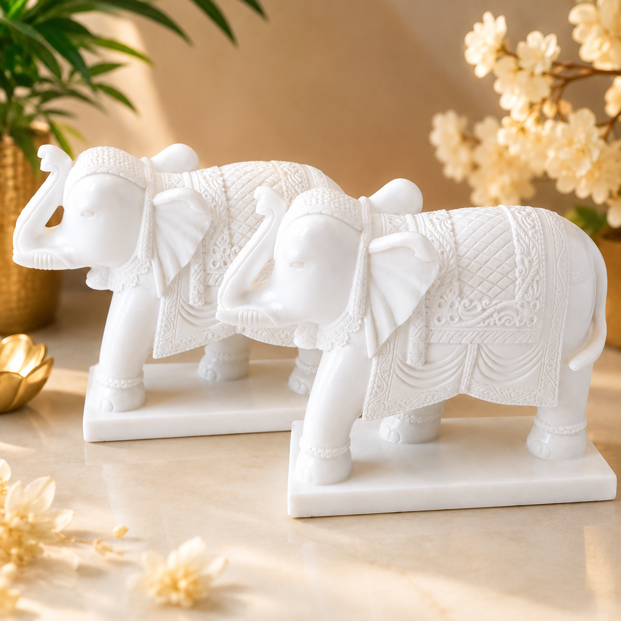 Pure White Marble Exclusive Elephant Statues, Set of 2,  ELM# 215