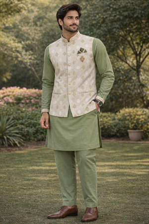 Green Kurta Pajama with Embroidered Jacket for Men, Indian Weddings, Festivals &amp; Celebrations | Designer Kurta Pajama KPJ-2063