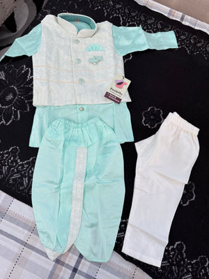Boys Turquoise Shade Kurta Pajama Set with Geometric Self Design Jacket | Dhoti and Pajama | Indian Wedding Festive Ethnic Wear for Kids, B-4055