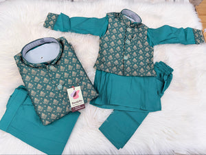 3 Piece Teal Blue Kurta Pajama Set with Jacquard Silk Jacket Set, Silk Blend Fabric with a Slight Sheen, Father & Son's Matching Option, DM - 4082