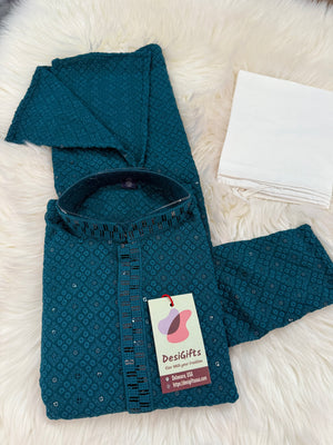 Pre-Teen and Teen Boy's Chikankari Embroidered Rayon Kurta Pajama with Sequins , Teal Blue Shade, - BOY-1913