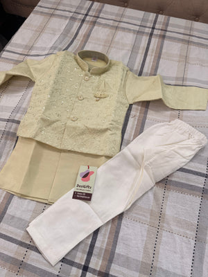 Pista Green Shade 3 Piece Boy's Cotton  Silk Ethnic Kurta with Jacket and Pajama- Design B-2027