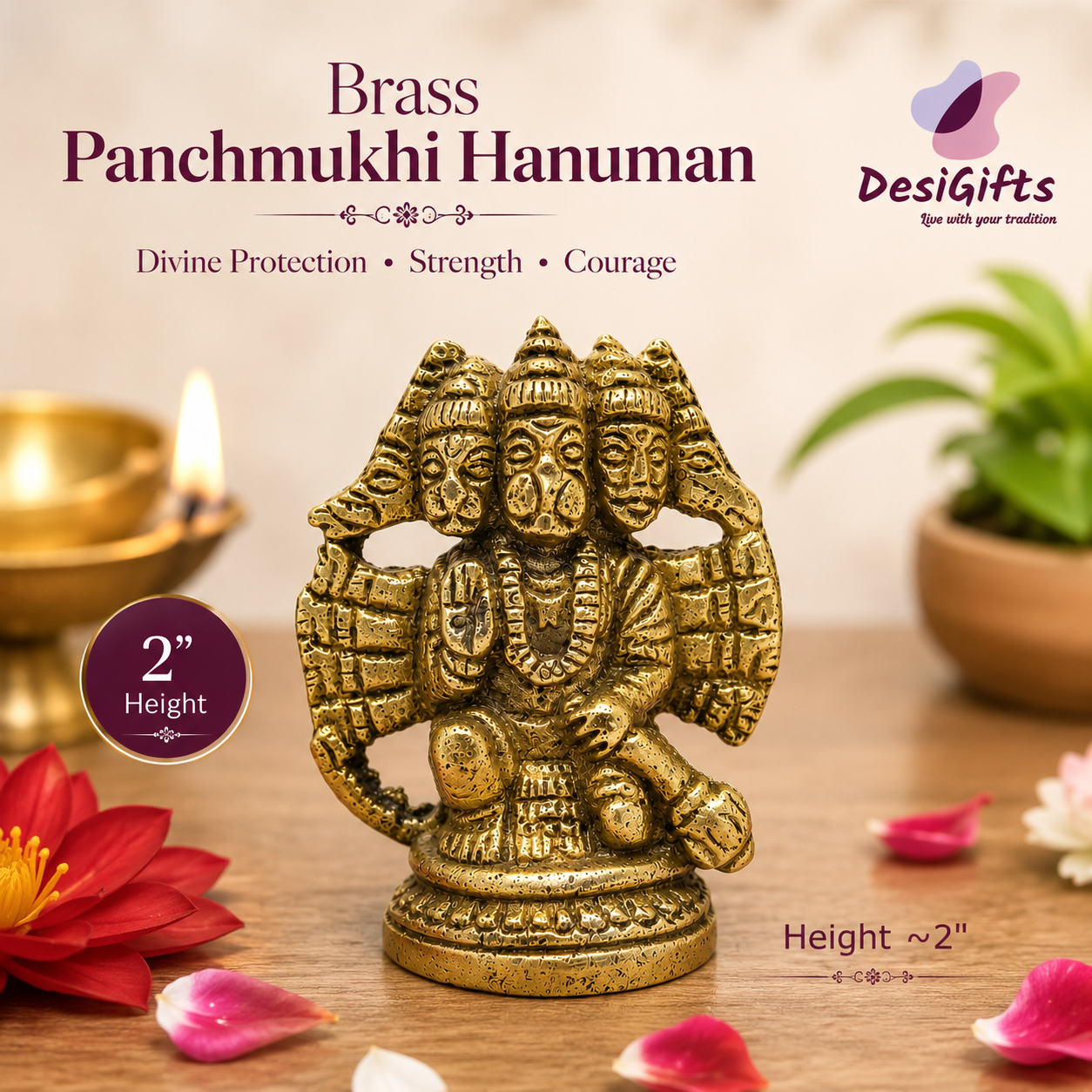 2" Brass Panchmukhi Hanuman God Idol – Mini Temple Statue for Home Décor, BBM - 809