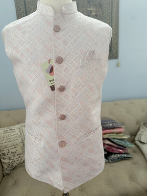 Men’s Pastel Pink Nehru Jacket – Self Woven Silk Indian Sadri, Festive Wedding Waistcoat, Ethnic Modi Jacket for Men, J-3073