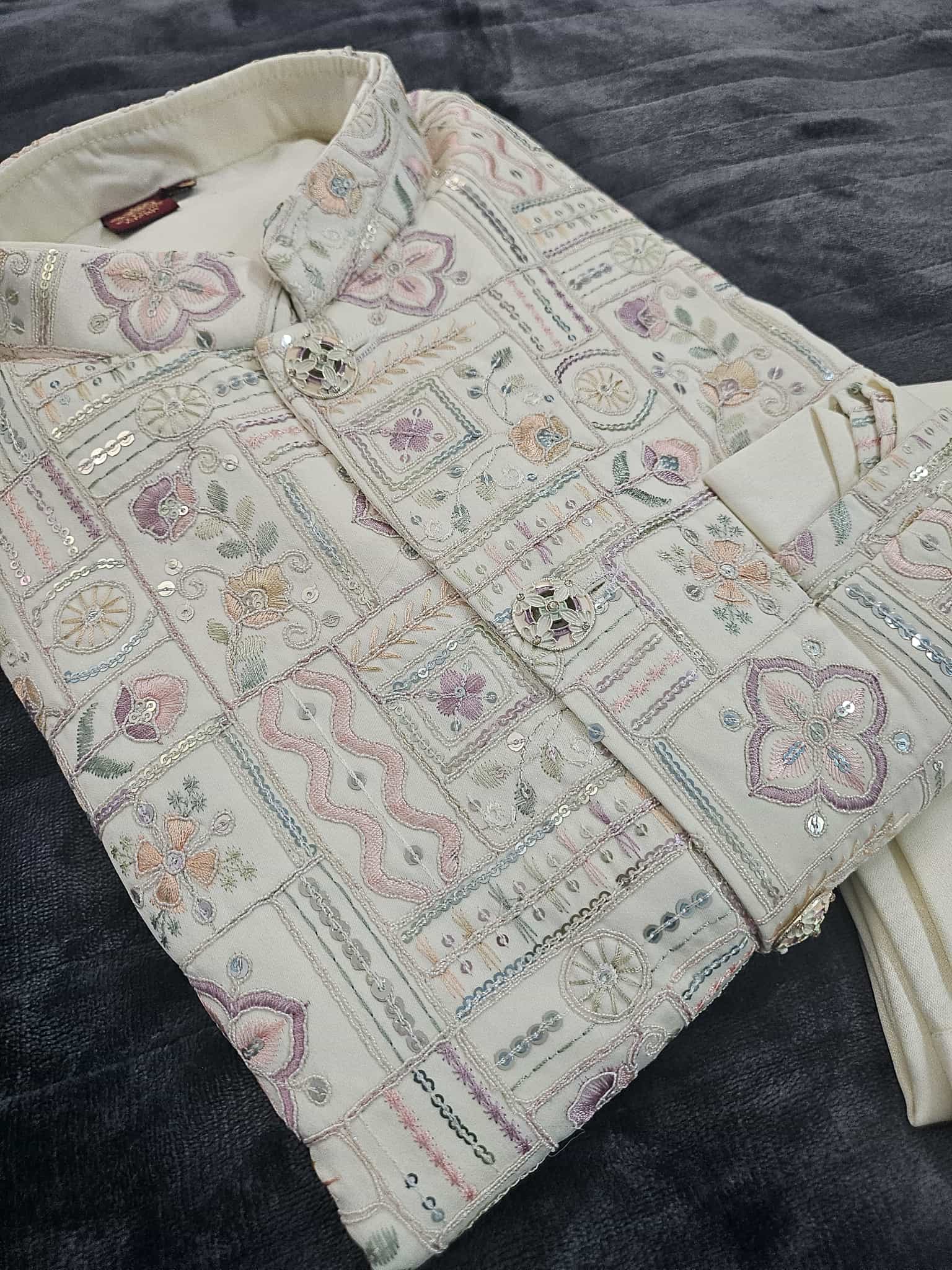 Exquisite Cream 3 Piece Kurta Pajama with Jacket  Embroidered Set for Man, Silk, Indian Wedding Partywear, DM - 1888