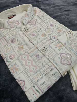 Exquisite Cream 3 Piece Kurta Pajama with Jacket  Embroidered Set for Man, Silk, Indian Wedding Partywear, DM - 1888
