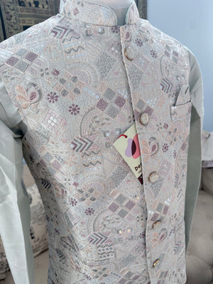 Men’s Pale Sage Green 3-Piece Kurta Pajama with Premium Embroidered Jacket, Wedding & Festive Ethnic Wear, KPJ-3078