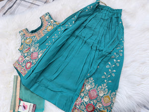 Girls Peacock Blue Zari Embroidered Lehenga Choli Set with Dupatta, Traditional Indian Ethnic Wear for Kids, Wedding & Festival Outfit, GRL-3071