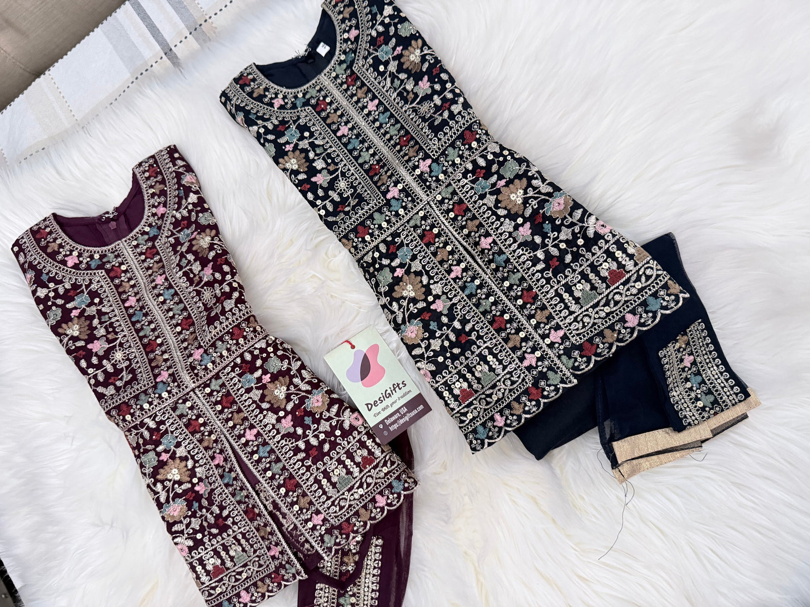 Baby Girls’ Designer Embroidered Palazzo Set in Navy Blue & Wine, Festive Indian Ethnic Palazzo Outfit with Dupatta, Partywear Dress for Kids, GRL-2090