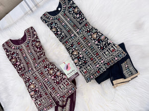 Baby Girls’ Designer Embroidered Palazzo Set in Navy Blue & Wine, Festive Indian Ethnic Palazzo Outfit with Dupatta, Partywear Dress for Kids, GRL-2090